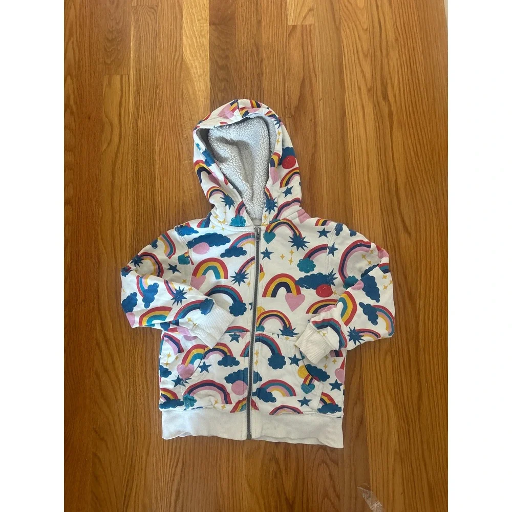 Hanna Andersson Girls Rainbow Star Cloud Sherpa Lined Zip Hoodie White Size 5